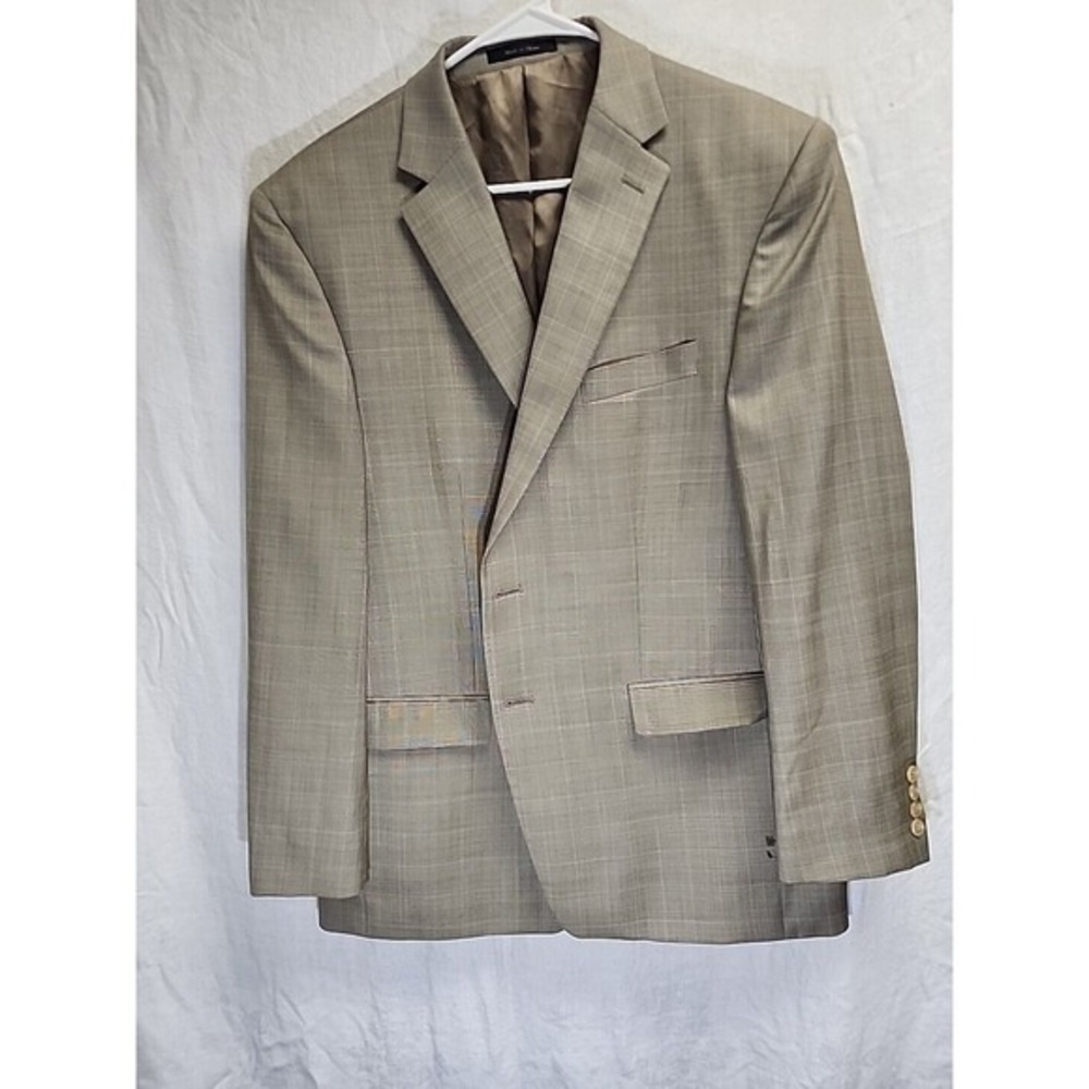 Ralph Lauren mens  taupe tan plaid blue windowpane wool blazer‎ jacket sz 44R